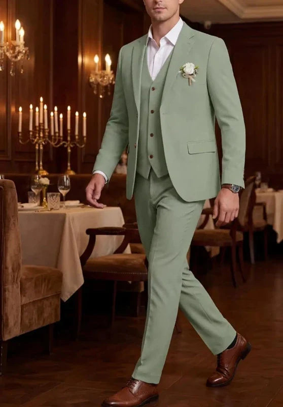 Costume Trois Pièces Homme Coupe Ajustée en Lin avec Col Notch et Veste à Fentes
