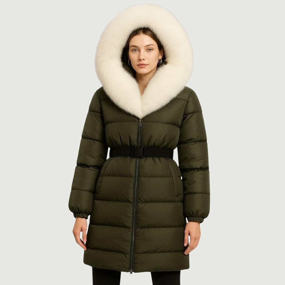 Doudoune Longue Femme Ceinturée à Capuche en Fourrure de Renard Véritable