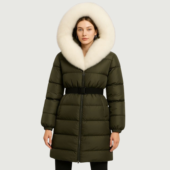 Doudoune Longue Femme Ceinturée à Capuche en Fourrure de Renard Véritable