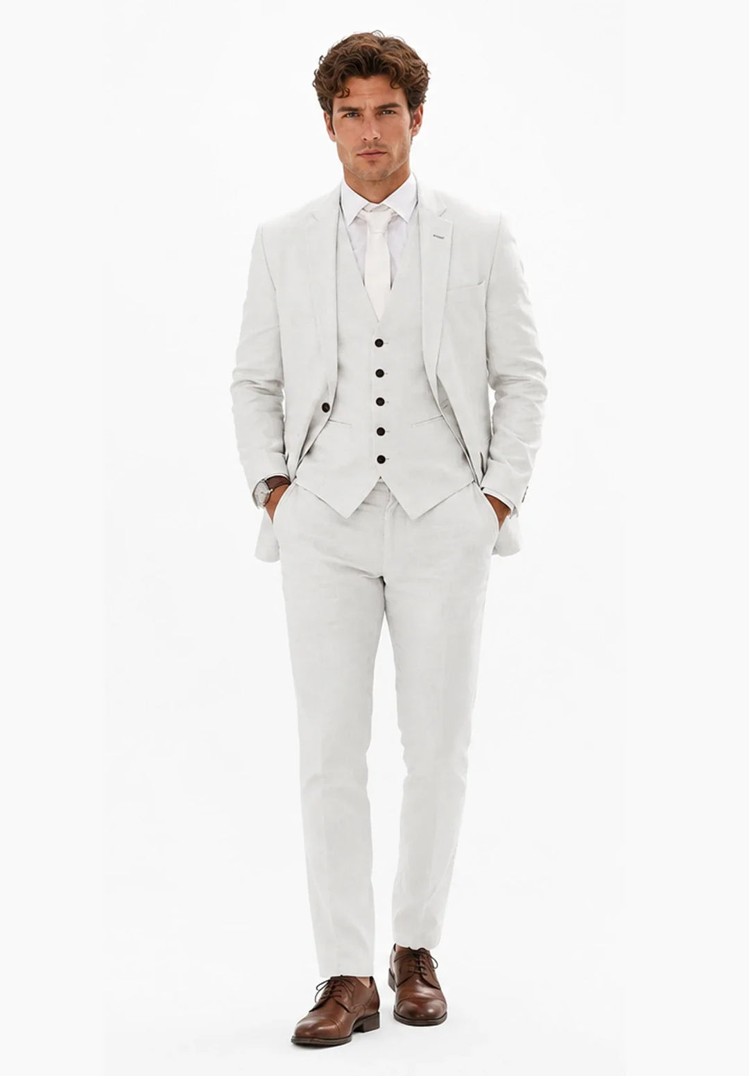 Men's Slim-Fit Three-Piece Suit in a Linen Blend with Notch Lapel and Five-Button Vest