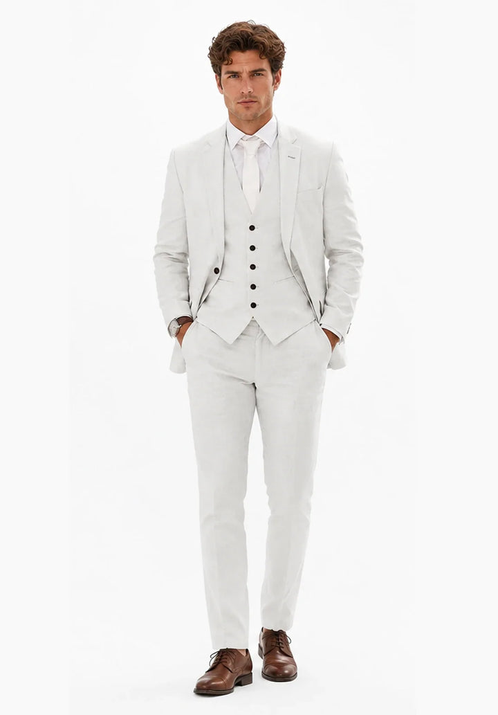Men's Slim-Fit Three-Piece Suit in a Linen Blend with Notch Lapel and Five-Button Vest
