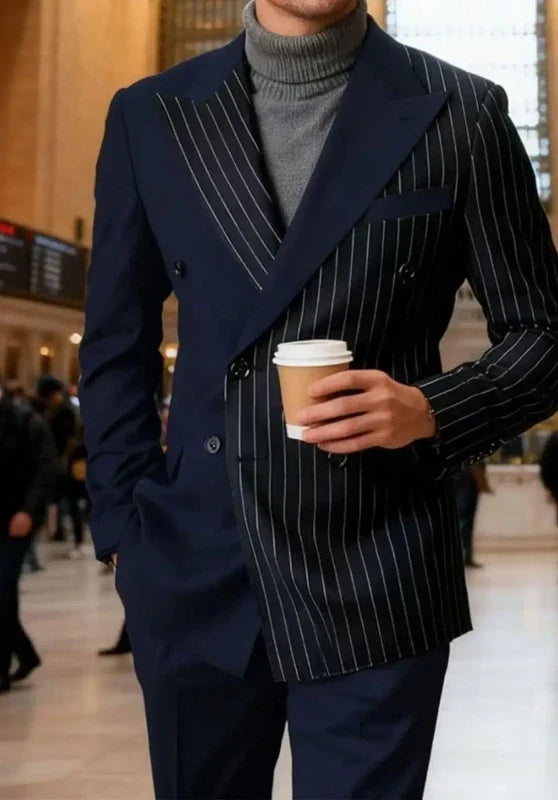 Men’s Two-Piece Striped Suit with Double-Breasted Jacket and Wide Peak Lapels