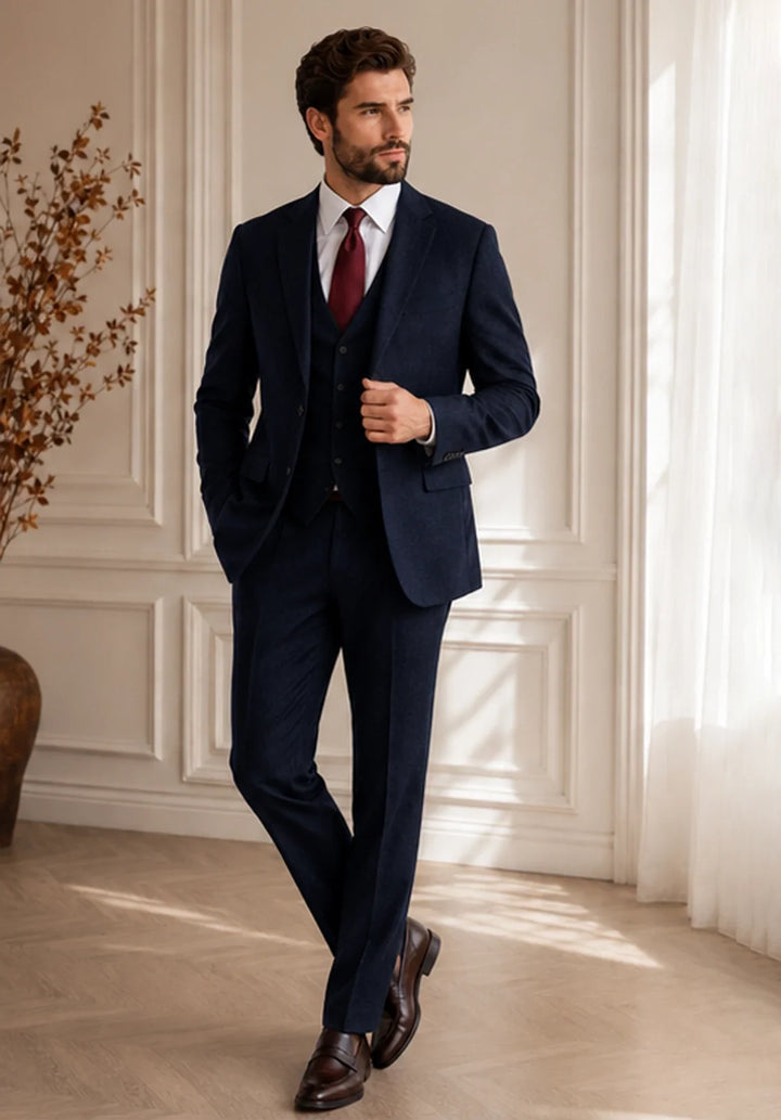 Men’s Regular-Fit Three-Piece Herringbone Suit with Buttoned Vest