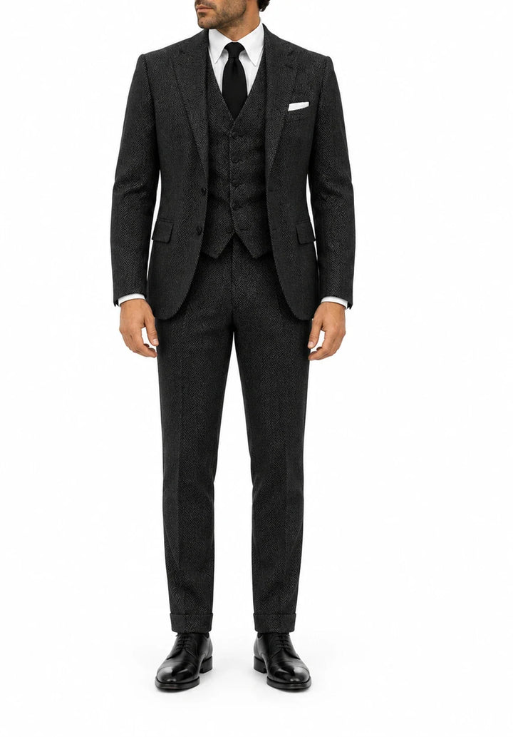 Costume Trois Pièces Homme Coupe Regular en Chevrons avec Gilet et Pantalon Assortis