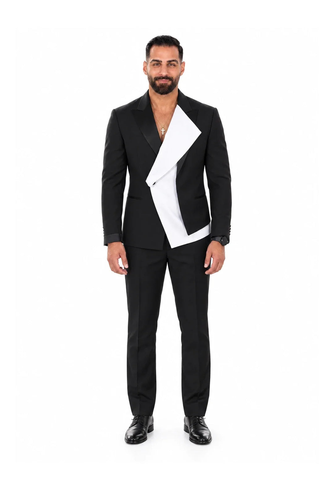 Costume Deux Pièces Homme Coupe Regular avec Panneau Blanc Asymétrique et Col Châle