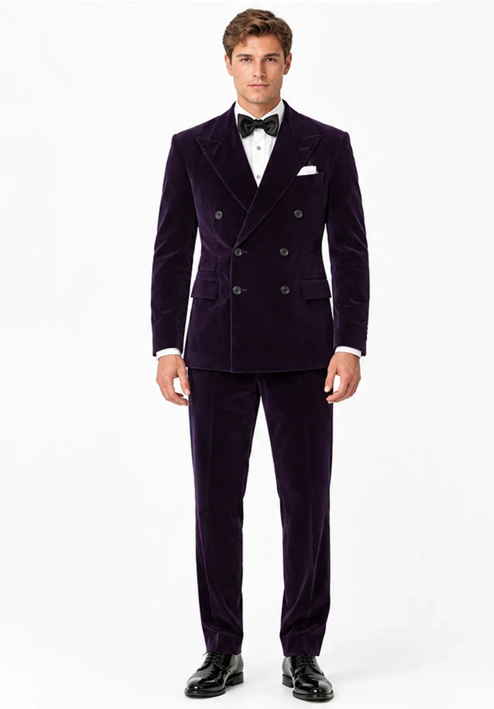 Completo da uomo in velluto regular fit a due pezzi con giacca doppiopetto e rever a lancia