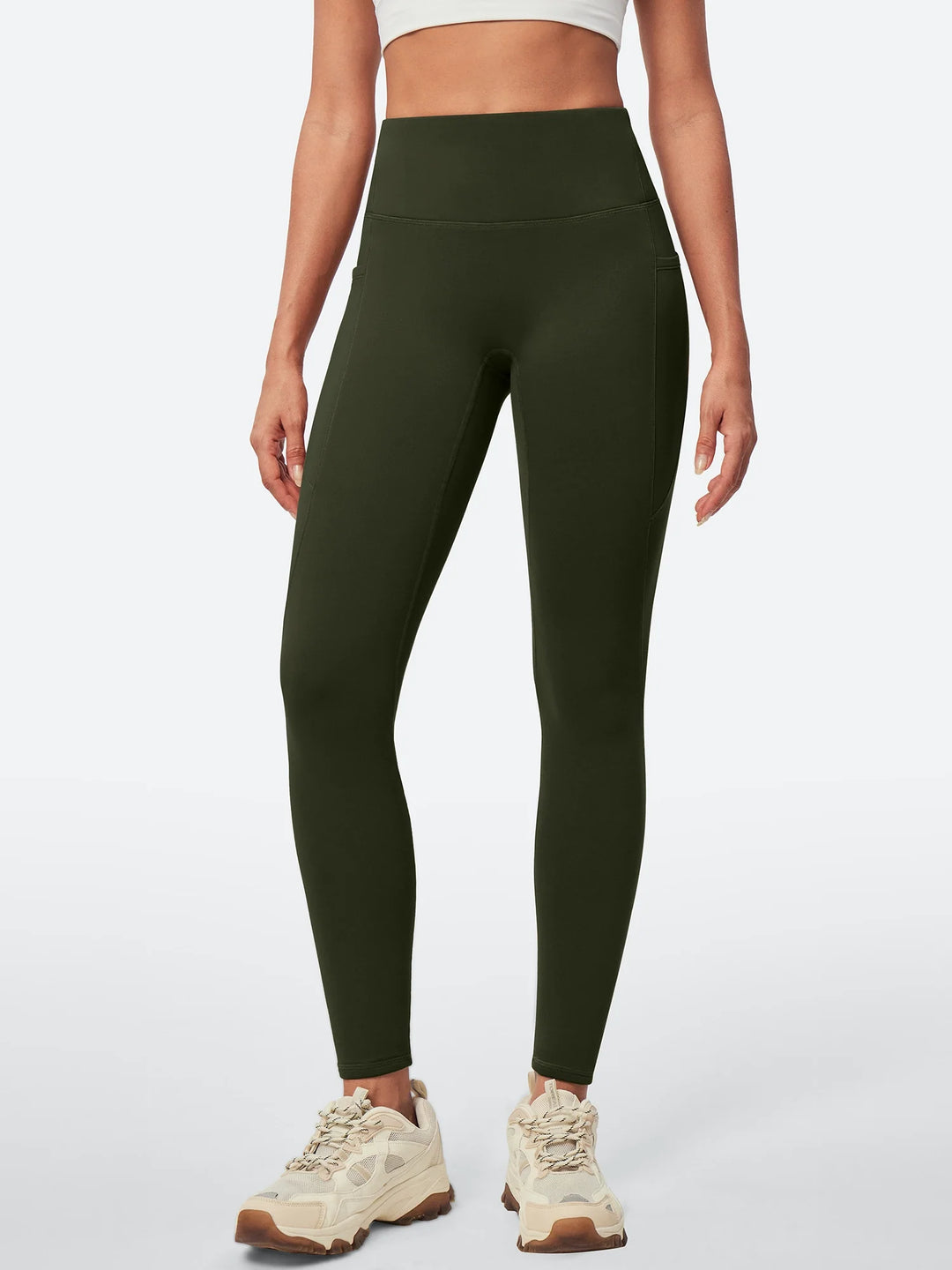 Leggings da donna a vita alta foderati in pile, senza cucitura anteriore e con tasche