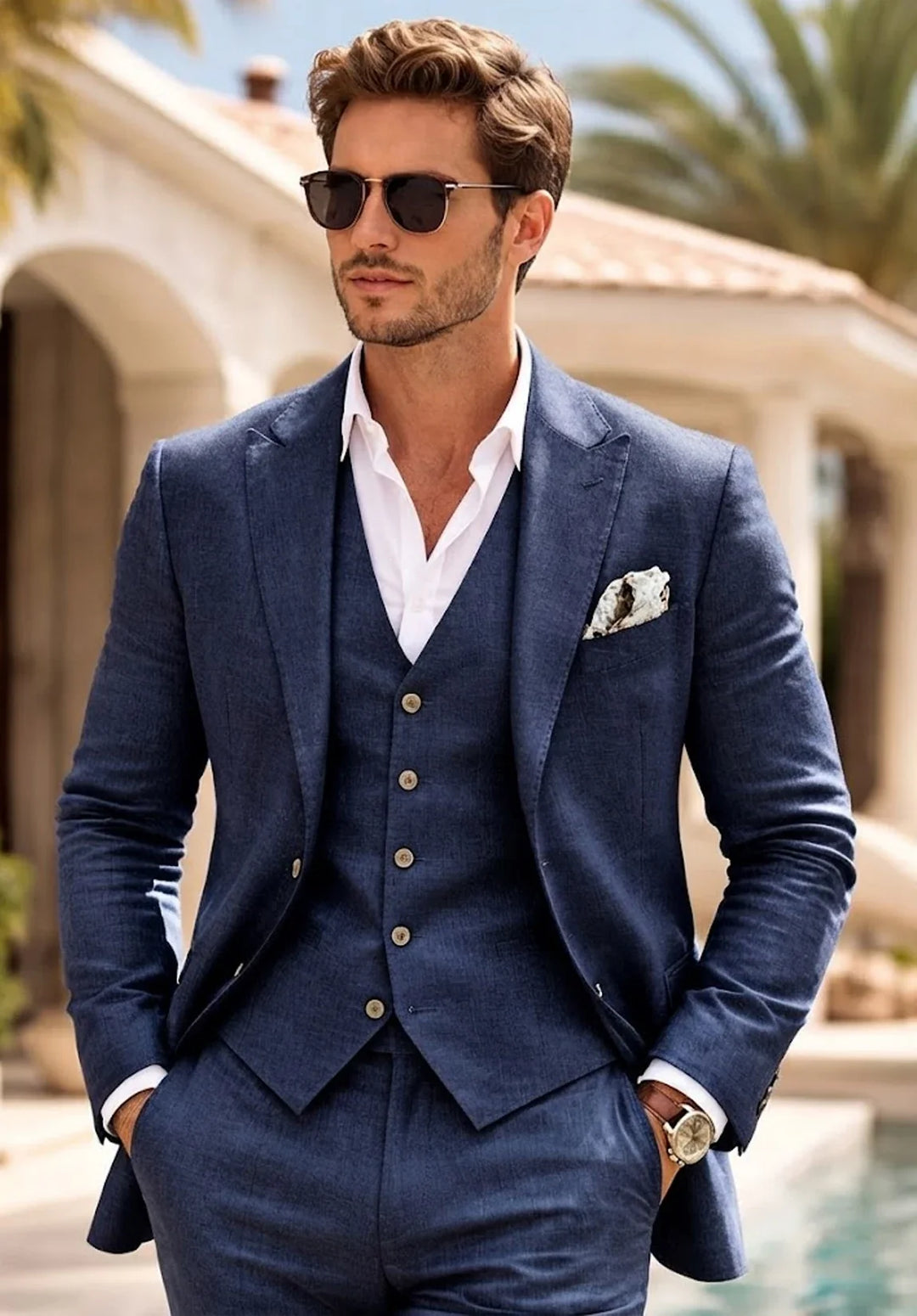 Heren slim-fit driedelig linnen pak met notch-revers en een zesknoops gilet