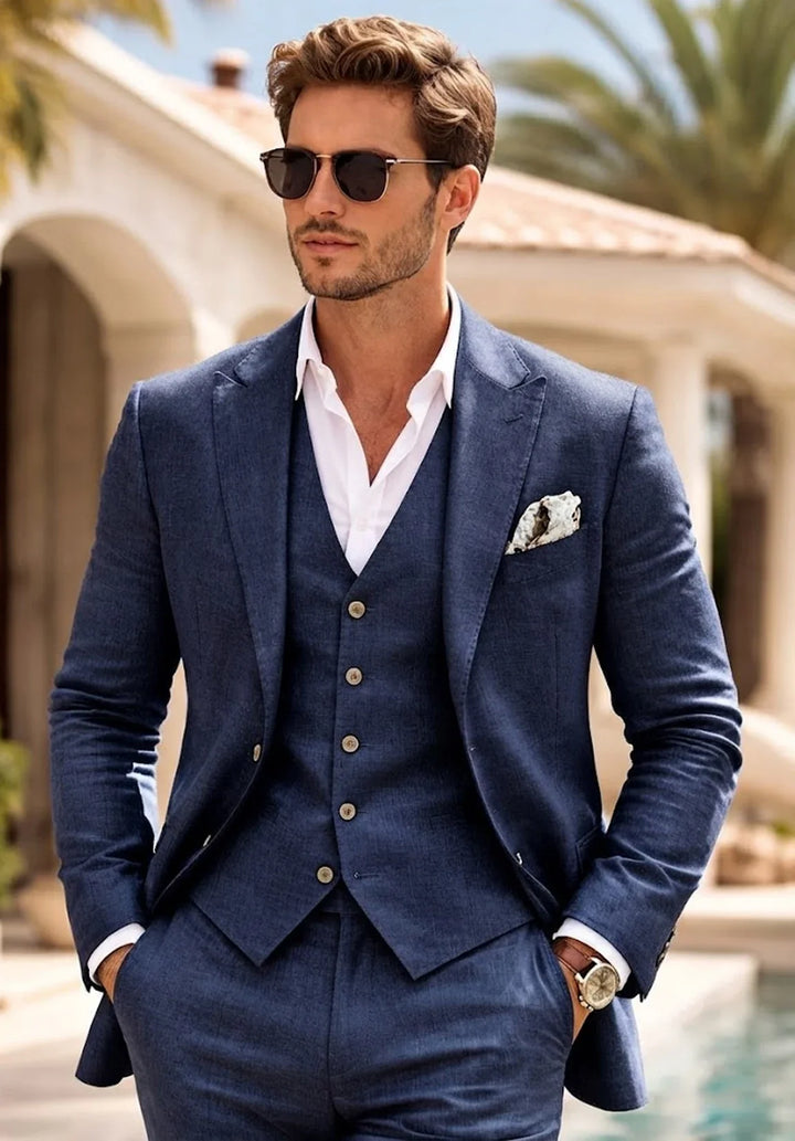 Heren slim-fit driedelig linnen pak met notch-revers en een zesknoops gilet