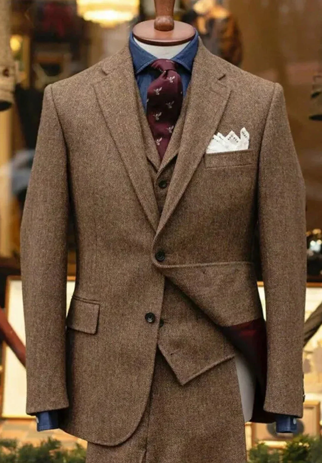 Costume Trois Pièces Homme Coupe Slim en Chevrons avec Col Notch et Poche Poitrine
