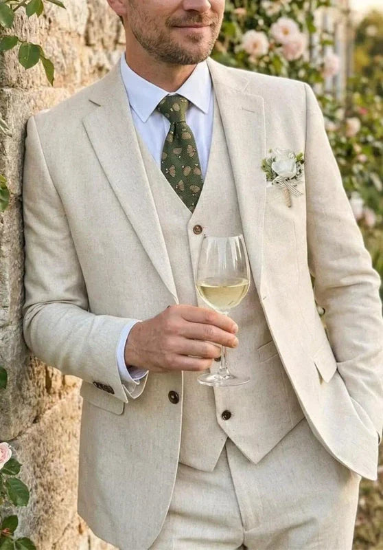Costume Trois Pièces Homme Coupe Regular en Lin Respirant avec Col Notch et Gilet Cinq Boutons