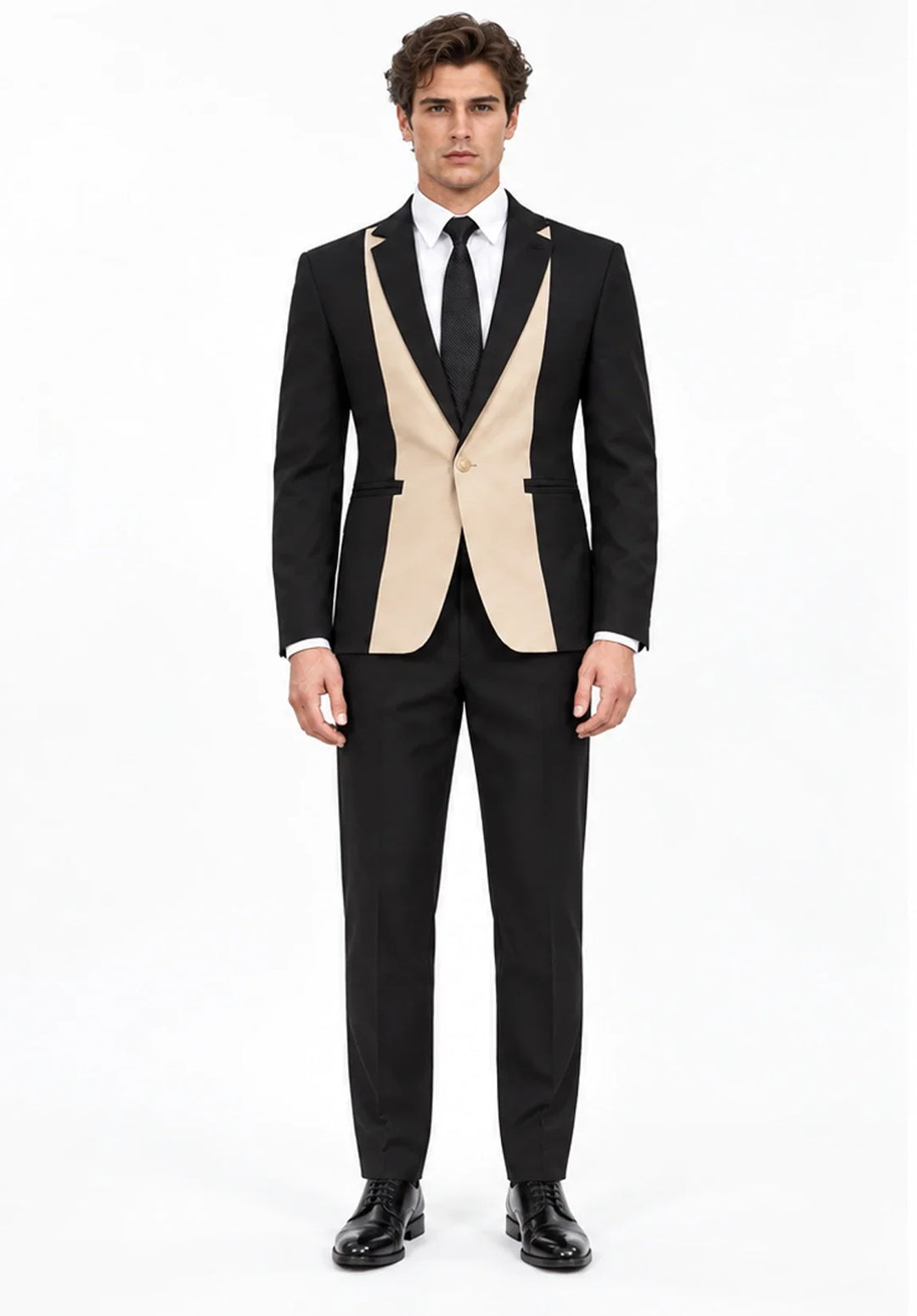 Costume Deux Pièces Homme Coupe Slim avec Design à Panneaux Contrastants et Col Peak