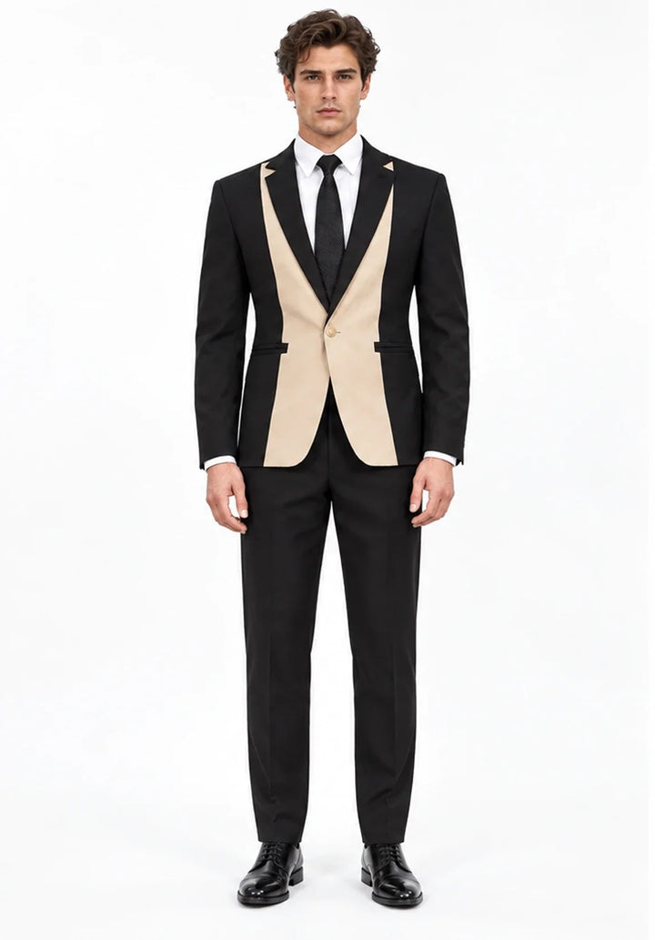 Costume Deux Pièces Homme Coupe Slim avec Design à Panneaux Contrastants et Col Peak