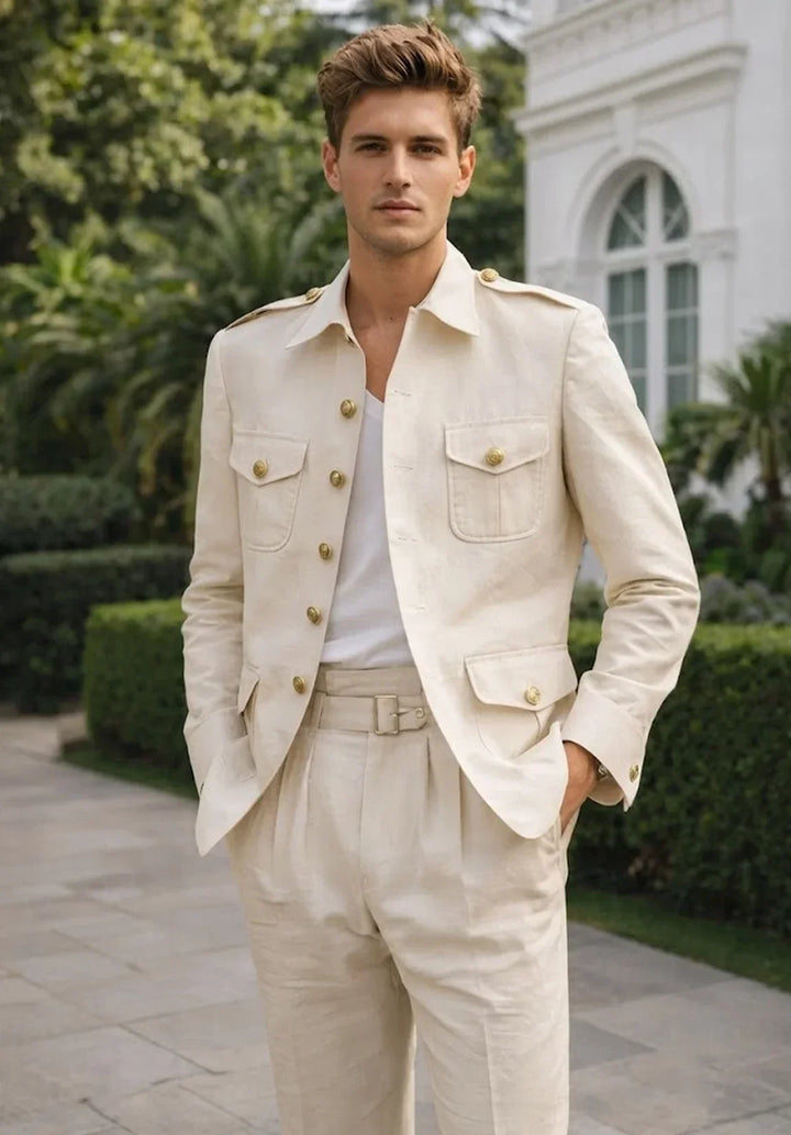 Costume Deux Pièces Homme Coupe Moderne en Mélange de Lin avec Veste Saharienne et Pantalon Plissé