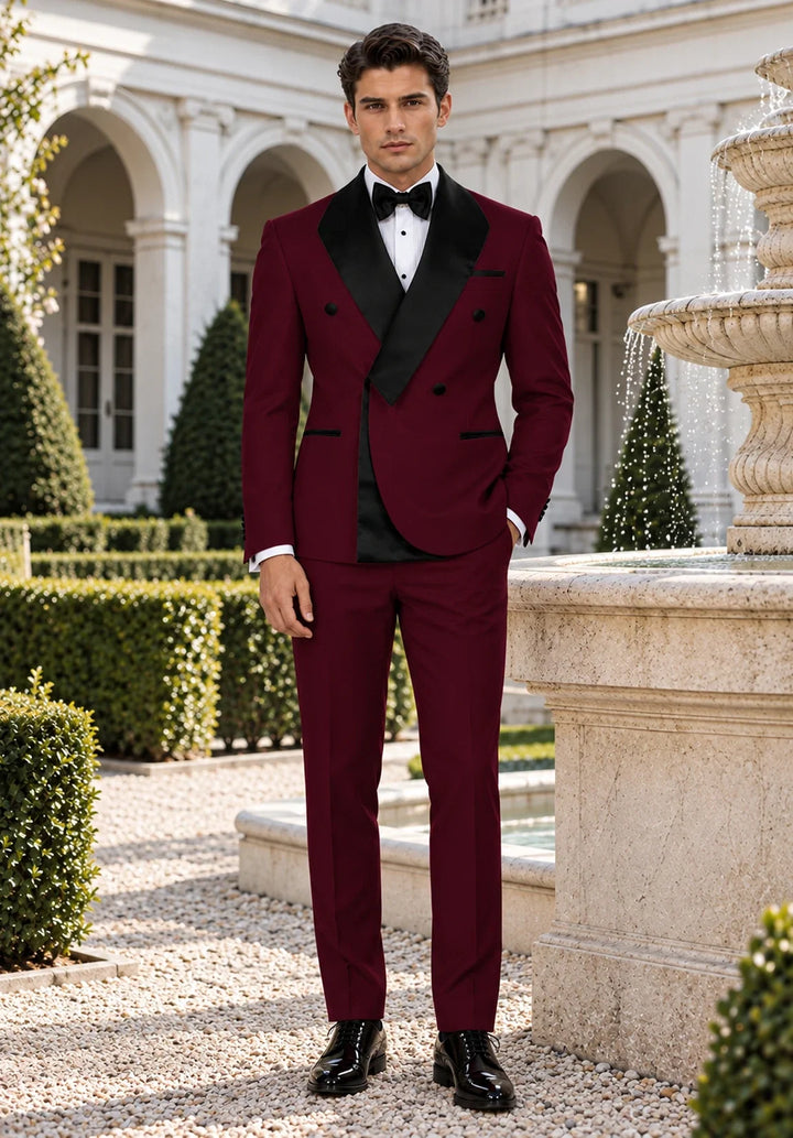 Men's Slim-Fit Double-Breasted Two-Piece Tuxedo Suit with Contrasting Lapel