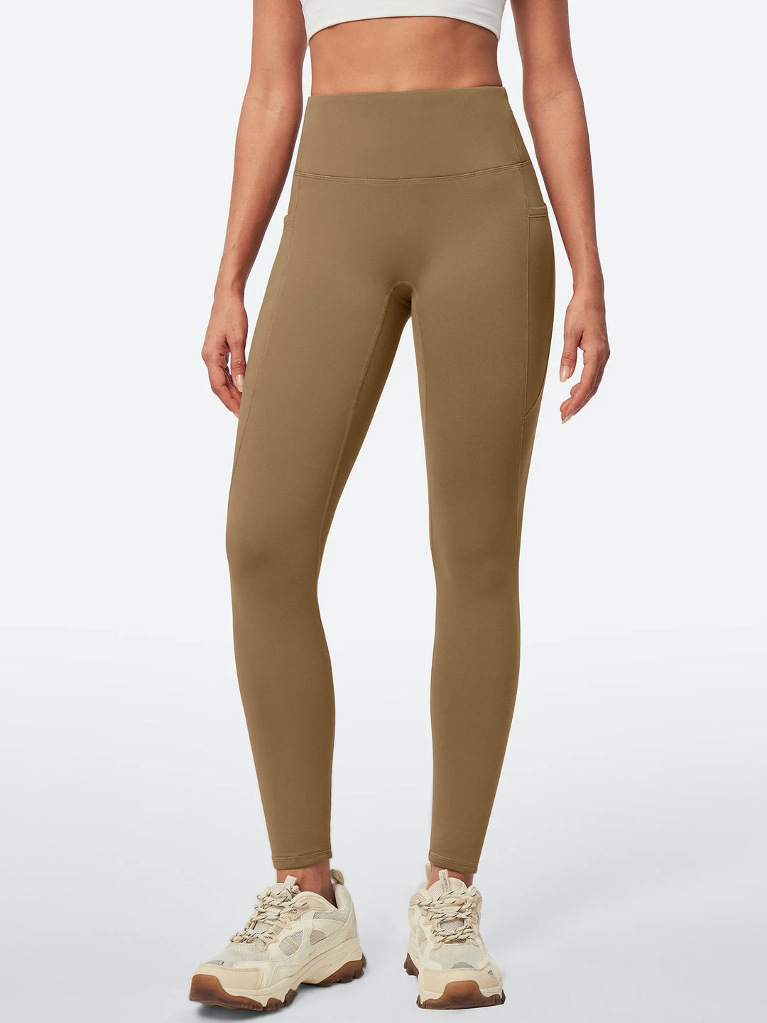 Leggings da donna a vita alta foderati in pile, senza cucitura anteriore e con tasche