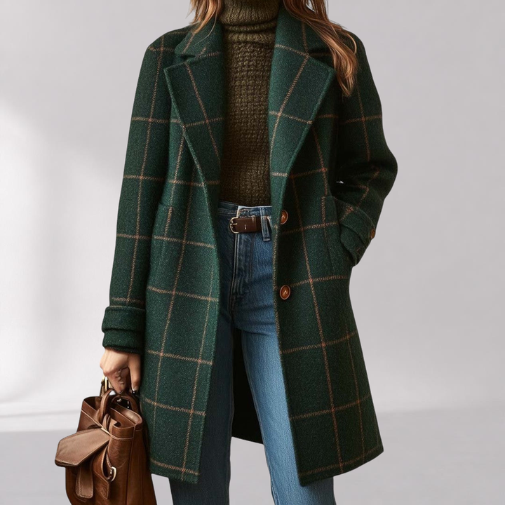 Manteau à Carreaux Femme – Coupe Cintrée et Fermeture Boutonnée