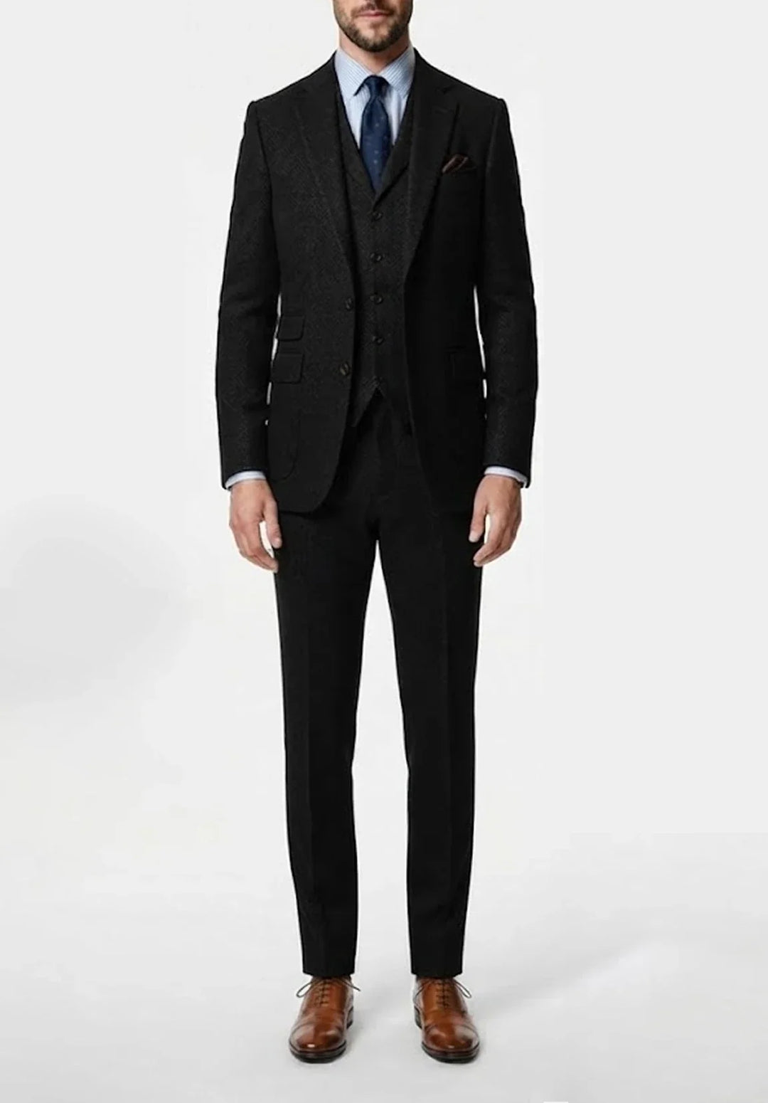 Costume Trois Pièces Homme Coupe Classique en Chevrons avec Gilet Boutonné