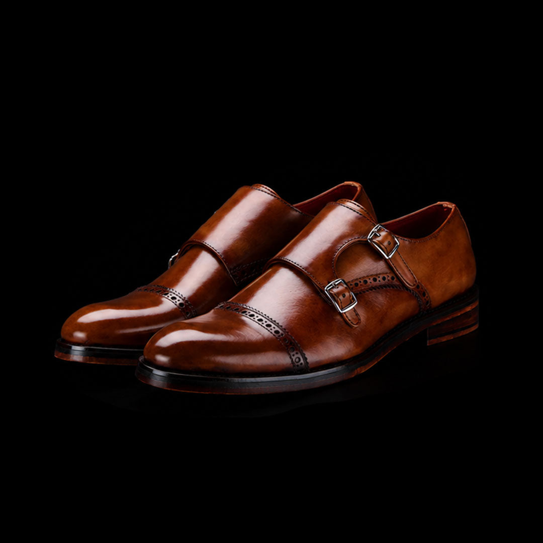Men's double-buckle shoes in burnished leather with straight toe