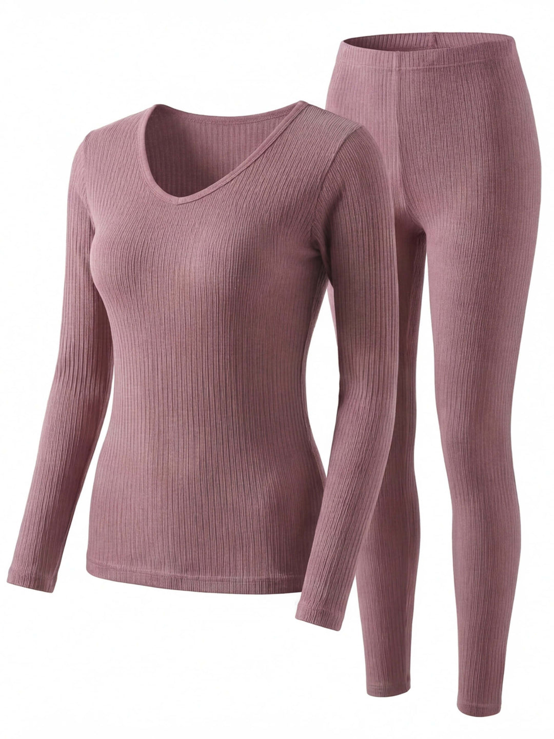 Completo termico da donna a coste con scollo a V e maniche lunghe