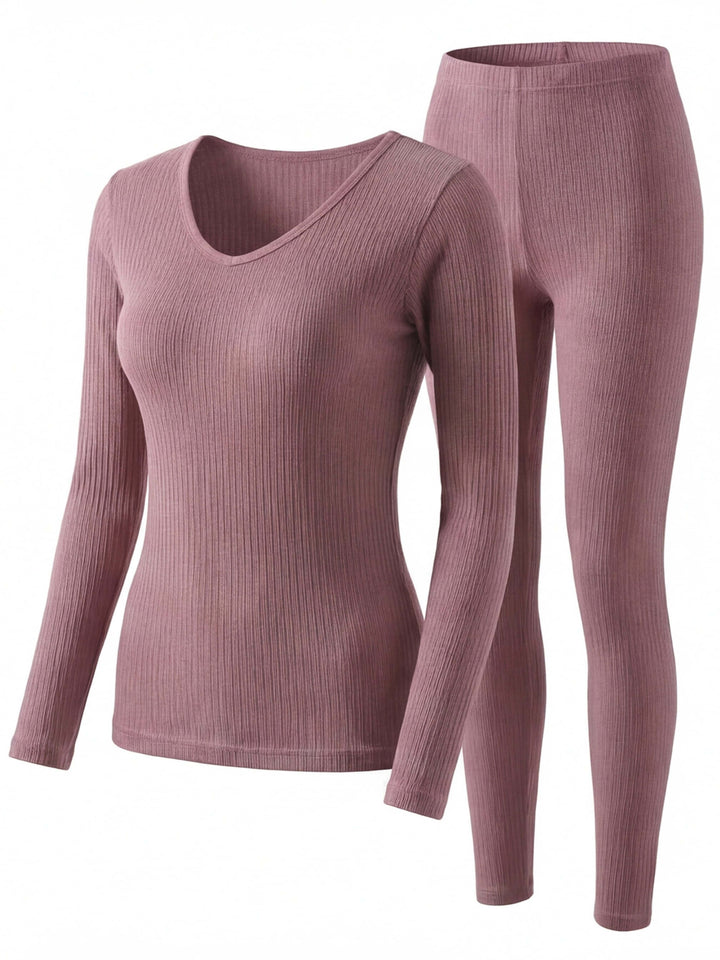 Completo termico da donna a coste con scollo a V e maniche lunghe