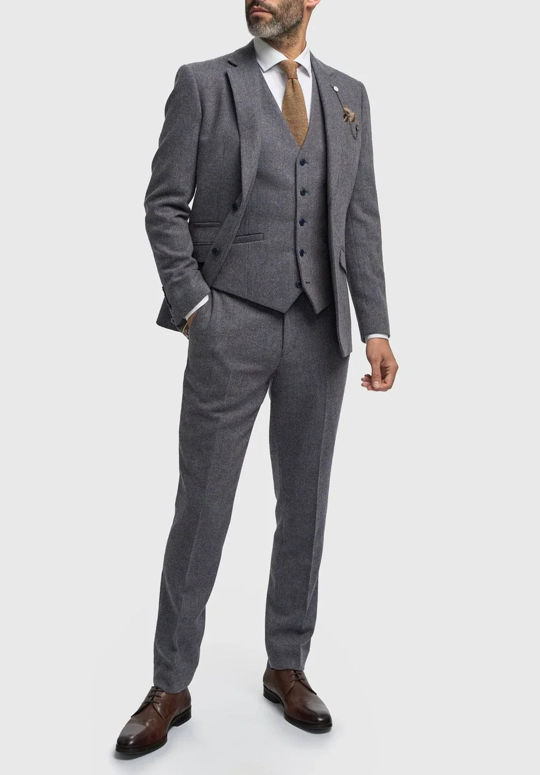 Costume Trois Pièces Homme Coupe Slim en Chevrons avec Gilet et Pantalon Assortis