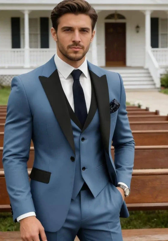 Heren driedelig pak met slim fit, met contrasterende revers en een gilet met knopen
