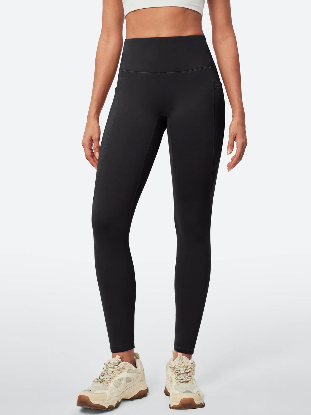 Leggings da donna a vita alta foderati in pile, senza cucitura anteriore e con tasche
