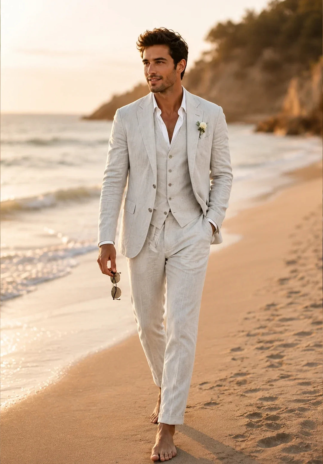 Costume Trois Pièces Homme Coupe Slim en Lin Respirant avec Col Notch et Gilet Six Boutons