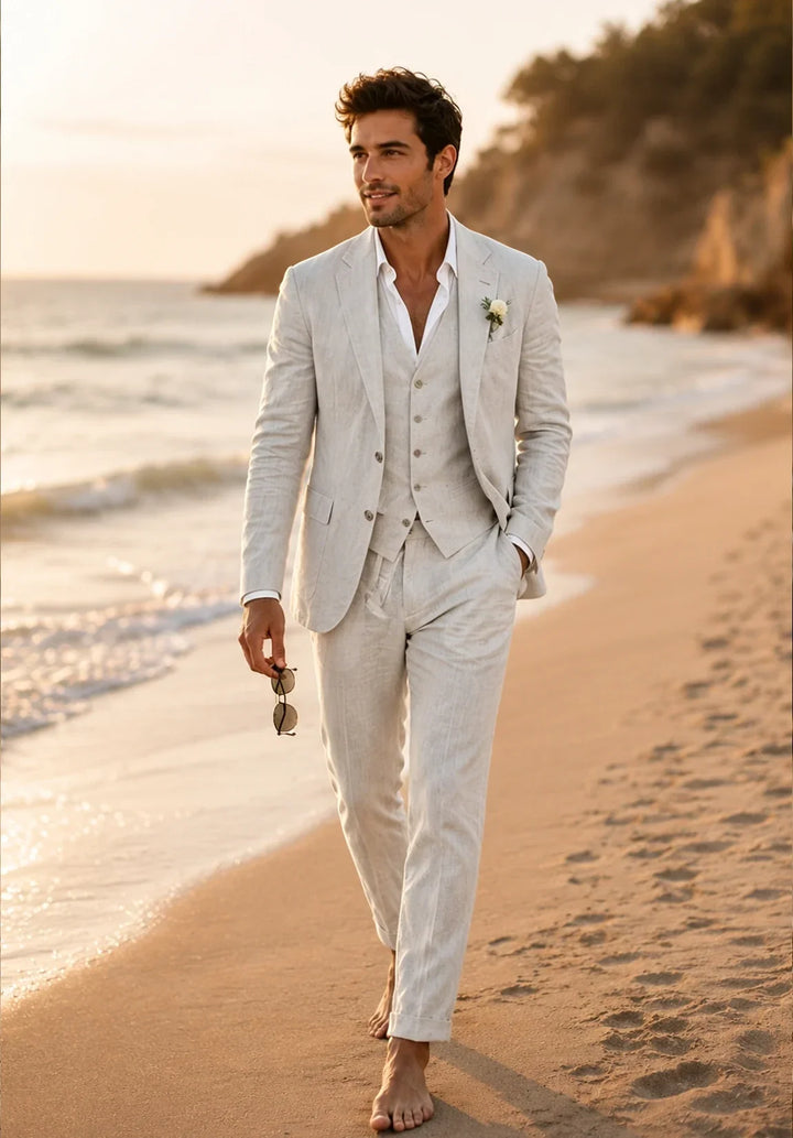Costume Trois Pièces Homme Coupe Slim en Lin Respirant avec Col Notch et Gilet Six Boutons