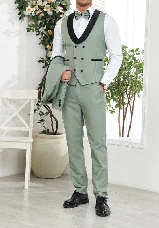 Costume Trois Pièces Homme Coupe Slim avec Col Peak Contrastant et Gilet Croisé