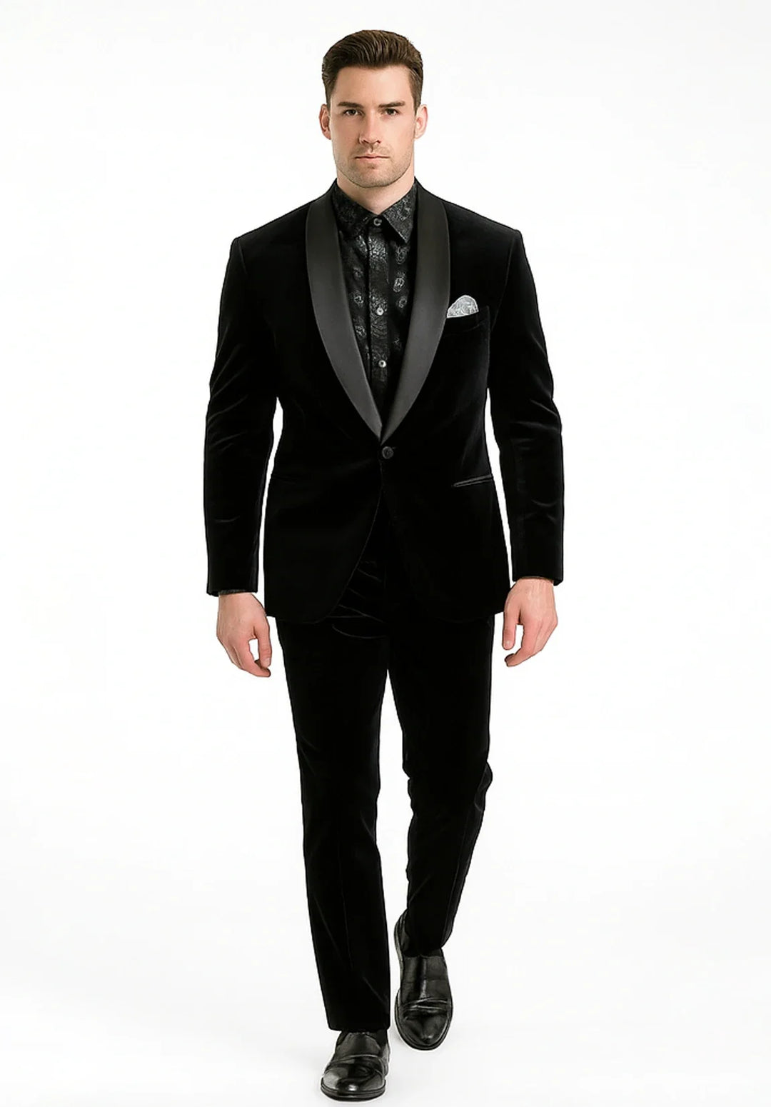 Costume Deux Pièces Homme Coupe Slim en Velours avec Col Châle en Satin et Un Bouton