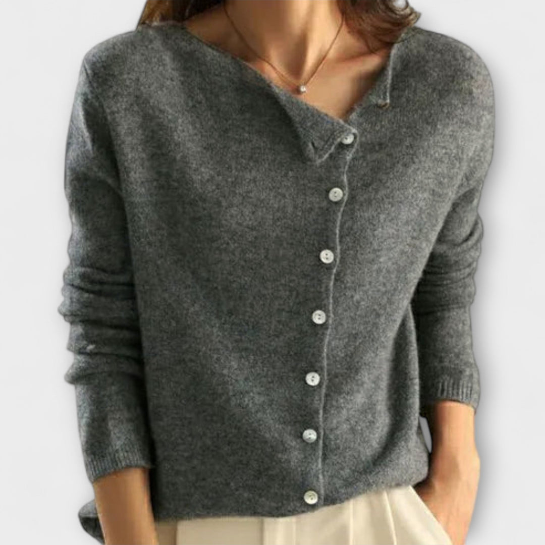 Pull Gris Femme à Col V avec Patte Boutonnée