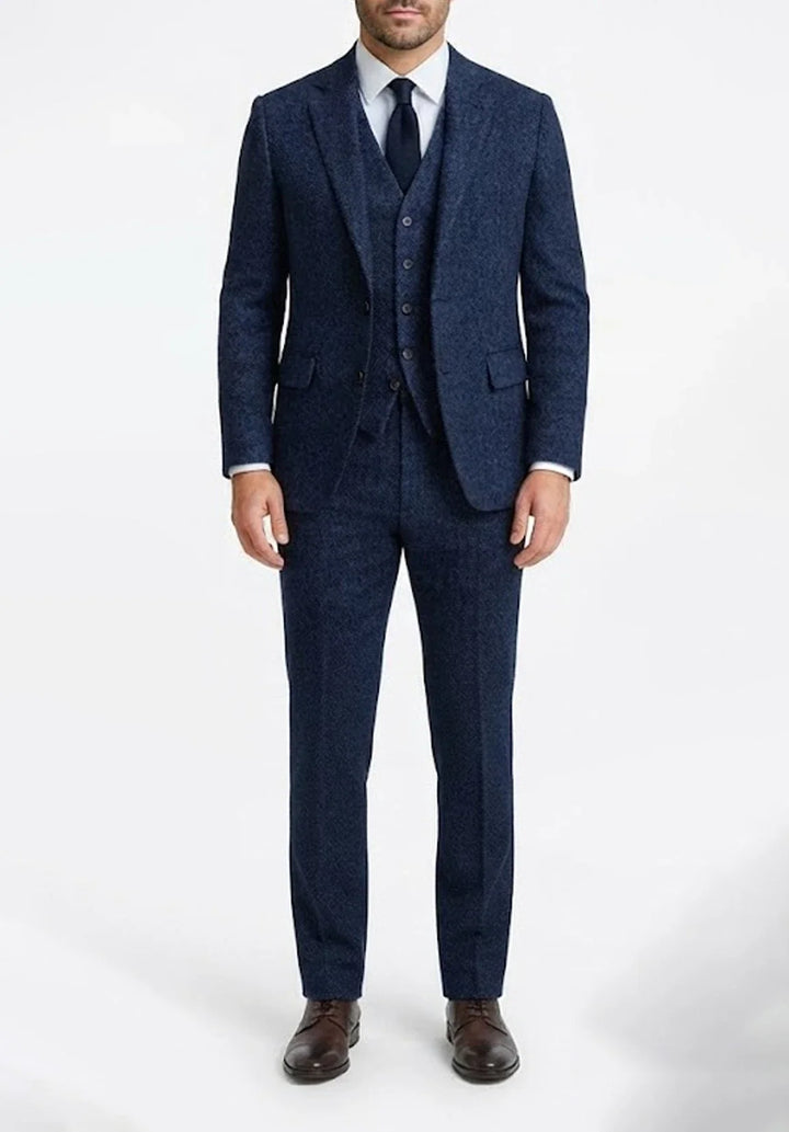 Costume Trois Pièces Homme Coupe Slim en Chevrons avec Col Notch et Gilet Cinq Boutons