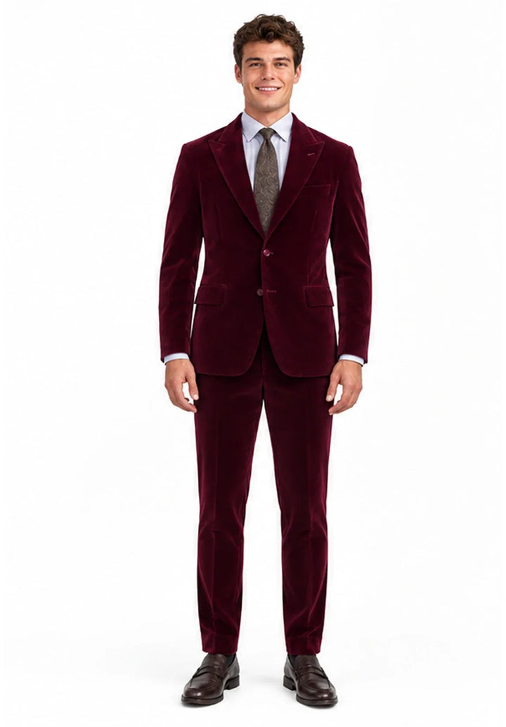 Costume Deux Pièces Homme Coupe Classique en Velours avec Col Peak et Deux Boutons