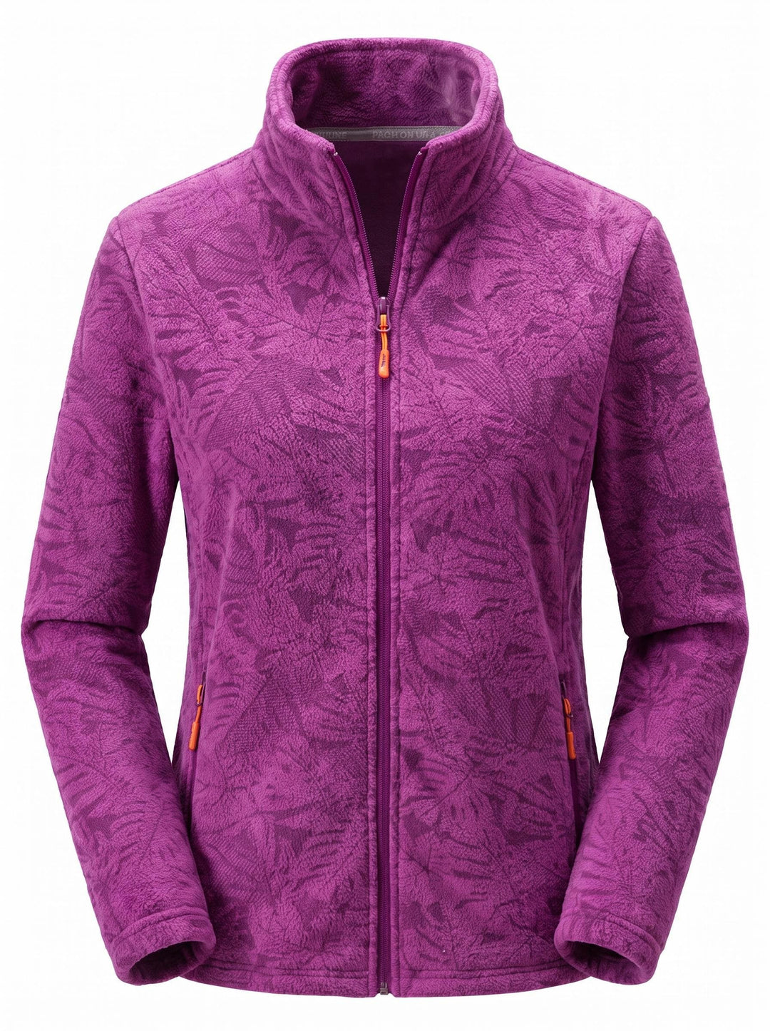 Women's Zip-Up Fleece Jacket with Stand-Up Collar and Foliage Pattern
