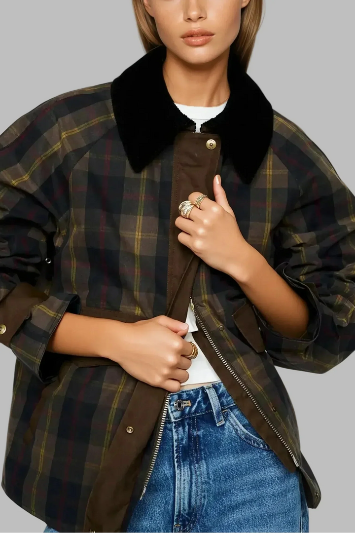Veste Femme À Carreaux Coupe Droite Doublée Col Contraste Et Fermeture Zip