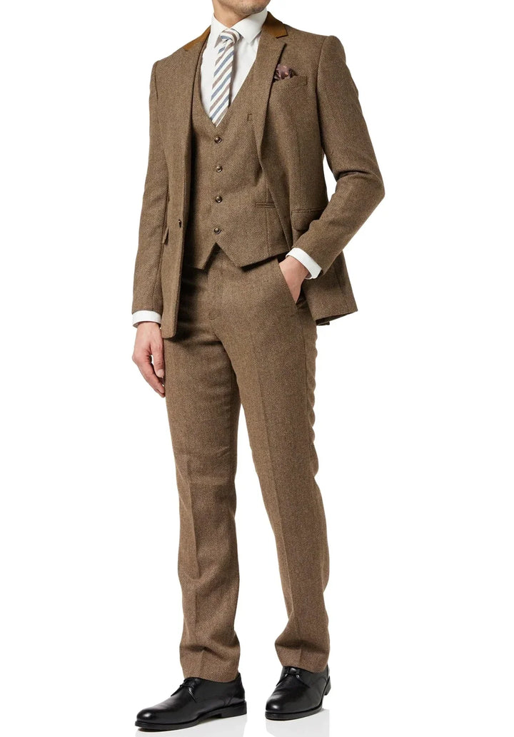 Costume Trois Pièces Homme Coupe Regular en Chevrons avec Gilet Boutonné