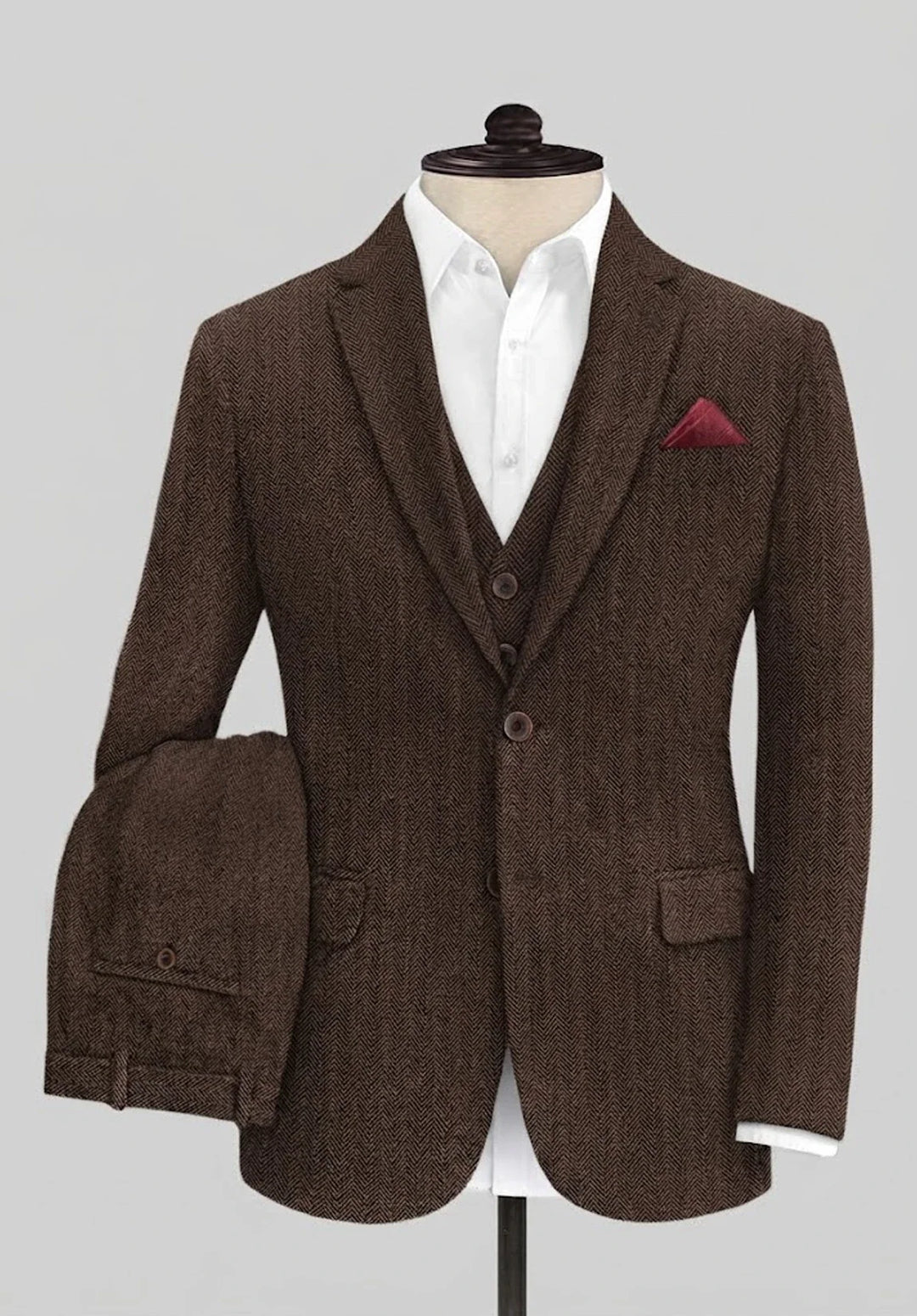 Costume Trois Pièces Homme Coupe Regular en Chevrons avec Col Notch et Poches à Rabat