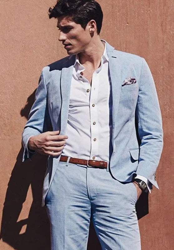 Traje de dos piezas para hombre de corte slim en lino, con solapas de muesca y bolsillos con solapa