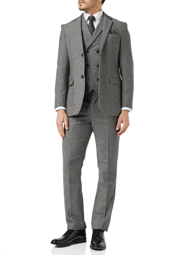 Herenkostuum in drie delen met slim fit in visgraatmotief, met double-breasted vest