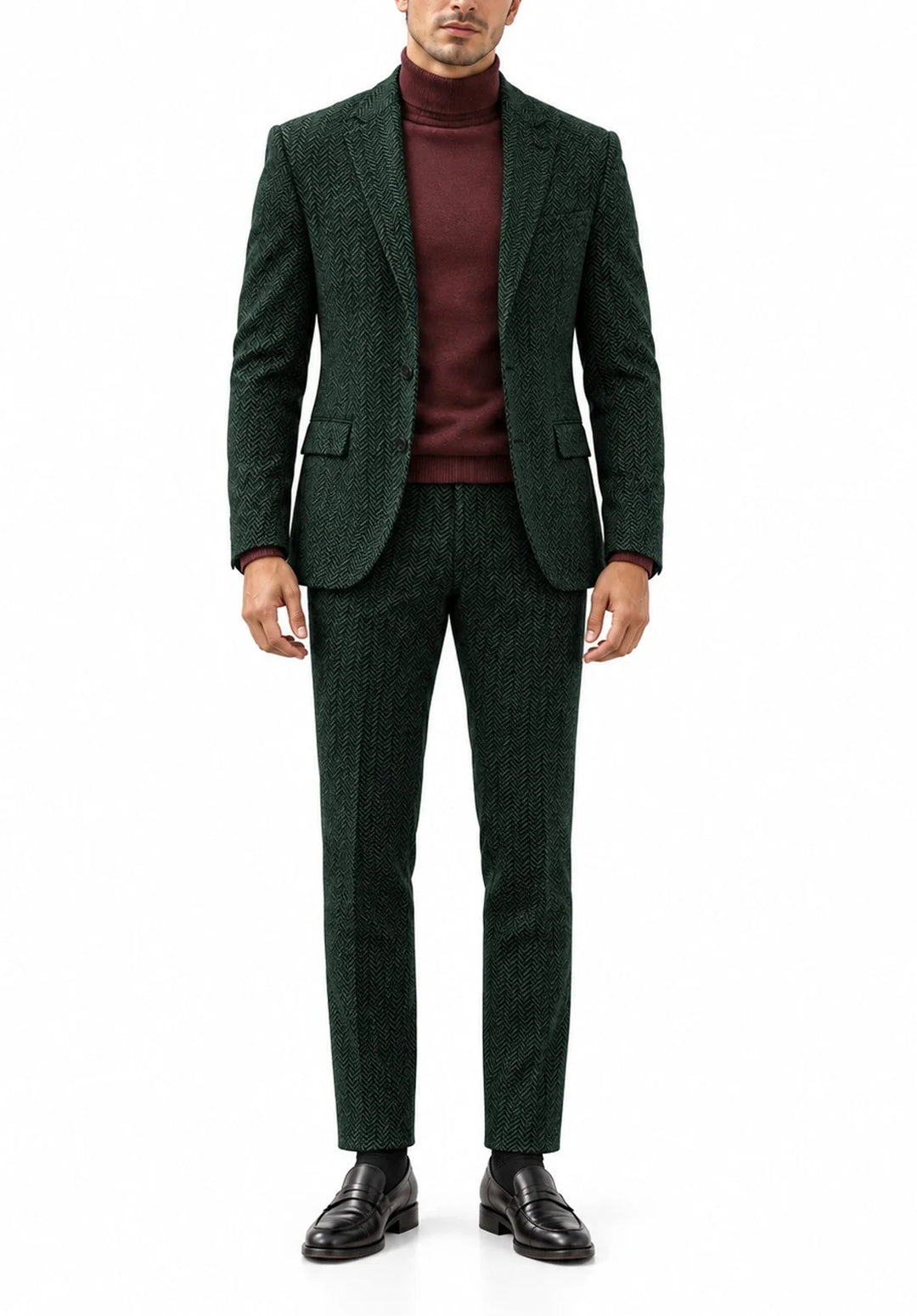 Costume Deux Pièces Homme Coupe Slim en Chevrons avec Col Notch et Poches à Rabat