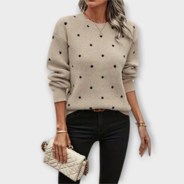 Pull en Maille Beige à Pois – Manches Longues Coupe Décontractée