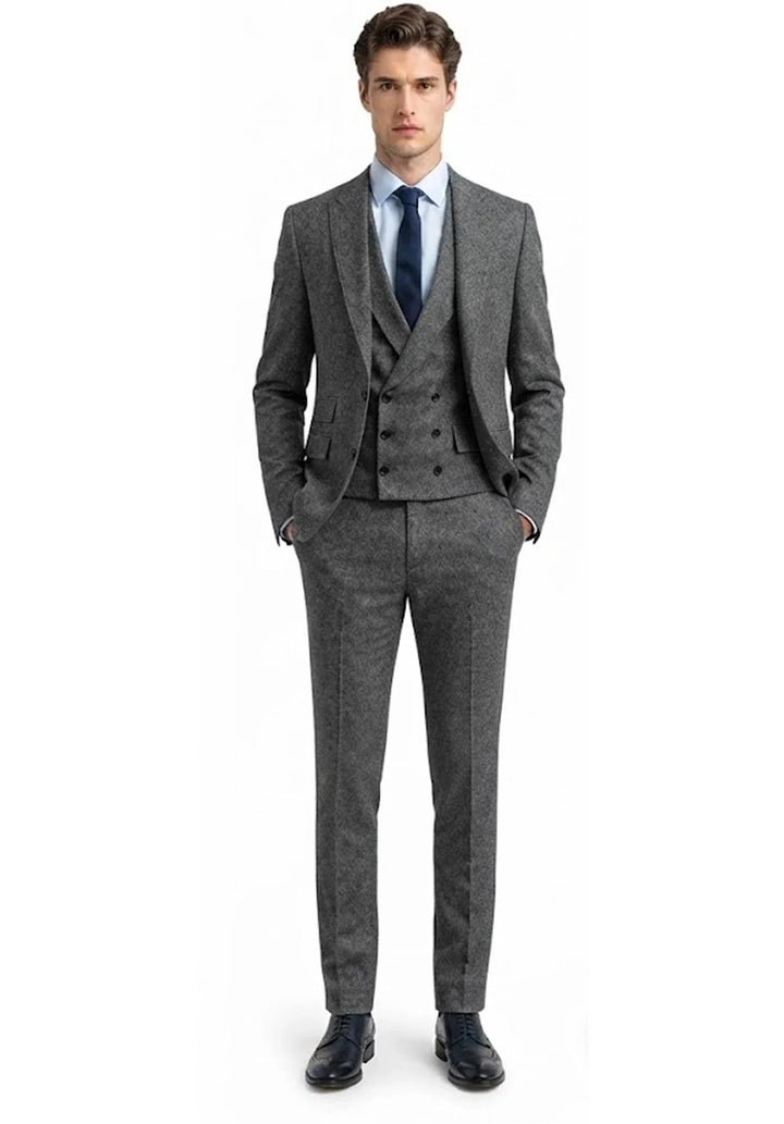 Abito da uomo a tre pezzi slim fit con motivo a spina di pesce, rever a lancia e gilet doppiopetto