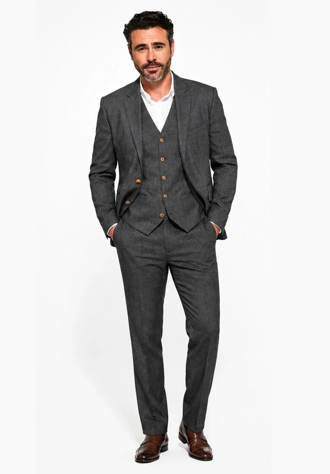 Heren regular-fit driedelig linnen pak met notch-revers en een vijfknoops gilet