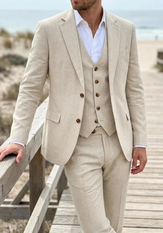 Costume Trois Pièces Homme en Lin avec Col Notch et Gilet Assorti