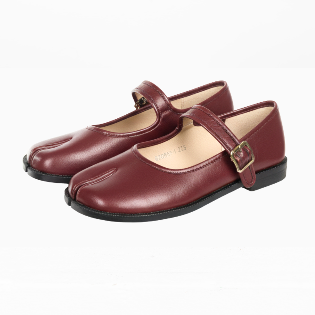 Women's Faux Leather Tabi Mary Jane Flats with Buckle Strap and Split Toe