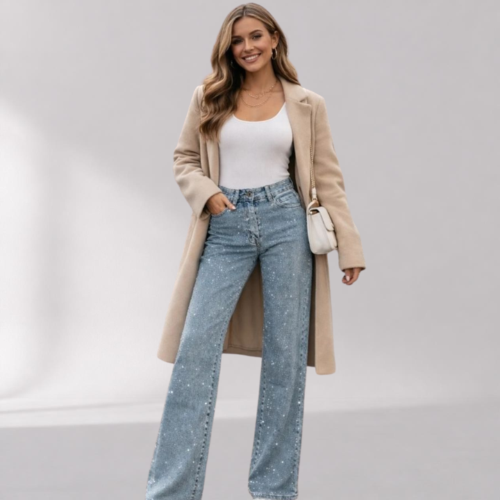 Jean Large Taille Haute avec Détails en Strass