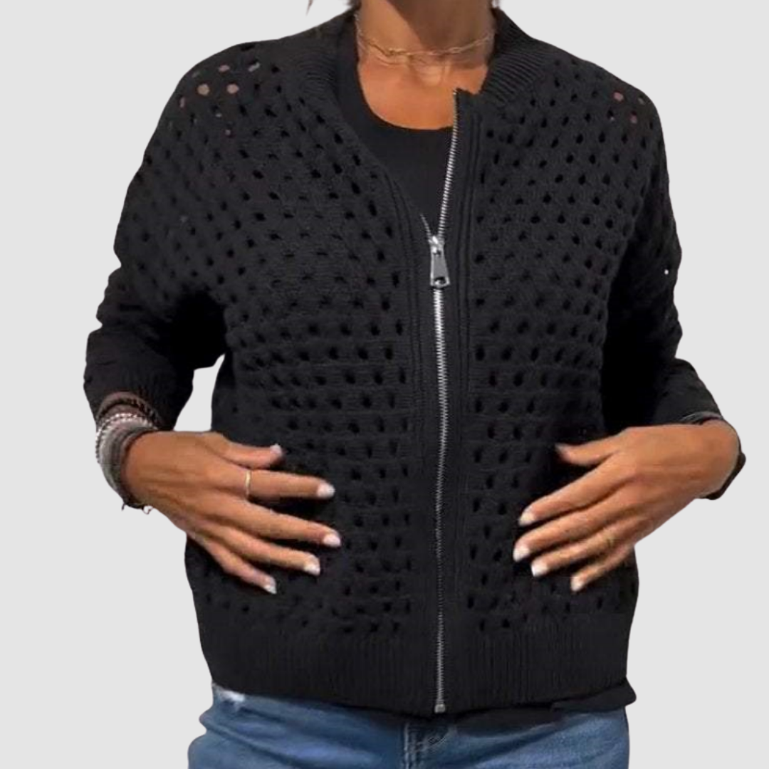 Damesvest van ajourgebreide stof - met rits en casual pasvorm