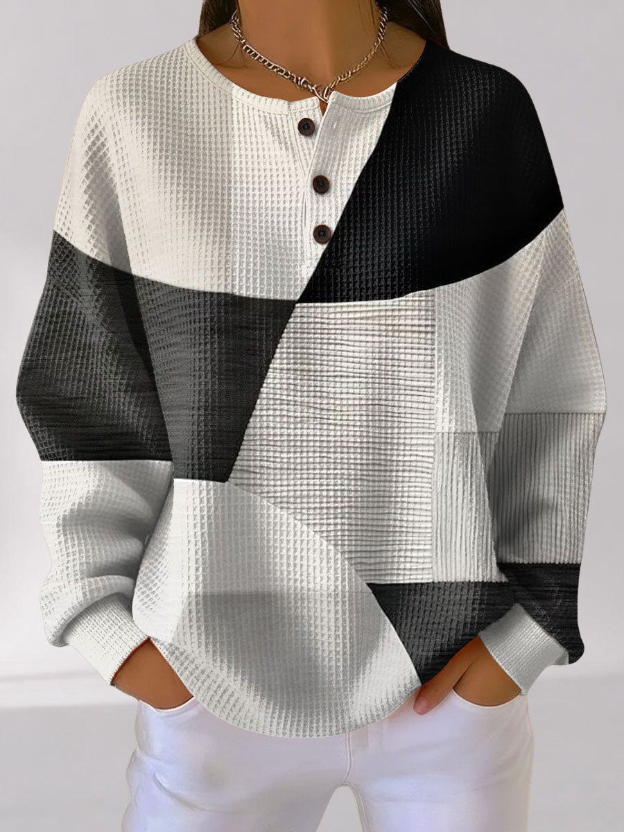 Pull en Maille Texturée Color Block à Col Henley